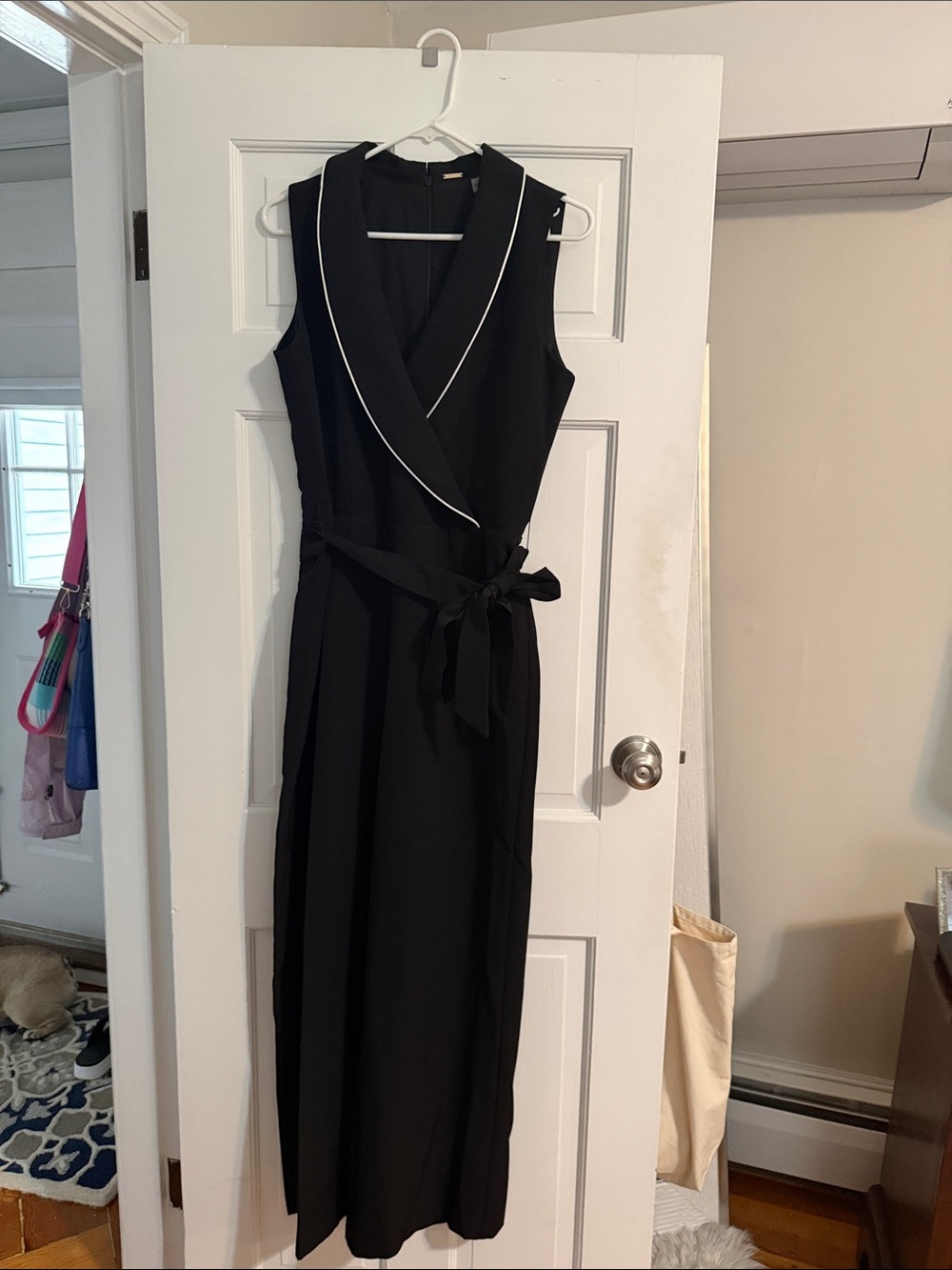 Tahari Sleeveless Black jumpsuit with White Piping and tie belt